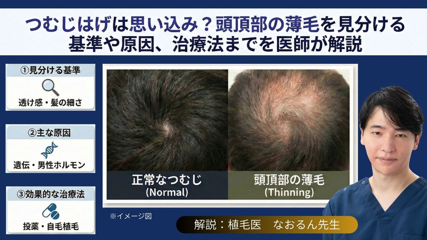 つむじはげは思い込み？頭頂部の薄毛を見分ける基準や原因、治療法までを医師が解説