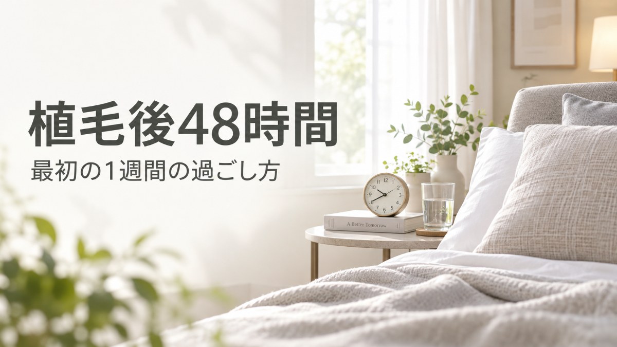 イメージ画像：植毛後48時間と最初の1週間の過ごし方（自然光の入る寝室と置き時計）