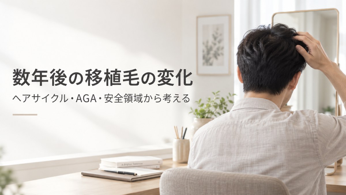 イメージ画像：鏡の前で髪に触れる男性の後ろ姿と「数年後の移植毛の変化」の見出し