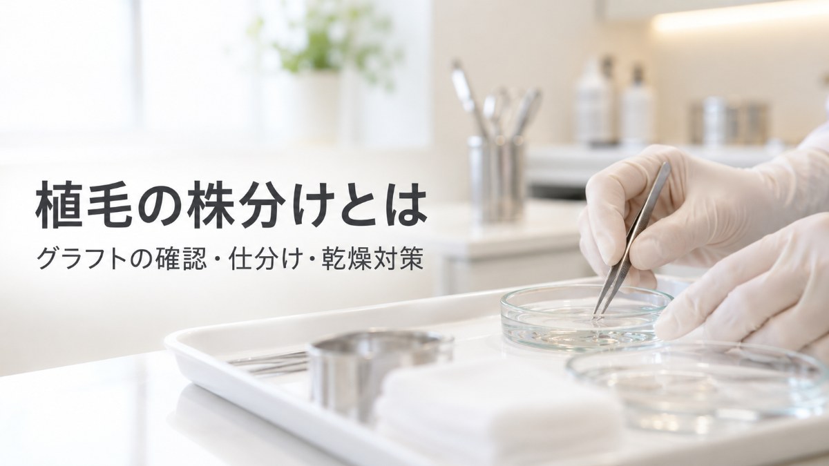 イメージ画像：手袋をした手でシャーレをピンセットで扱う様子と「植毛の株分けとは」の見出し